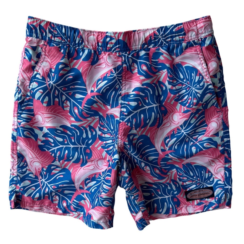 Vineyard Vines Kids Chappy Swim Trunks Pink Blue Marlin Tropical Print Sm 8-10